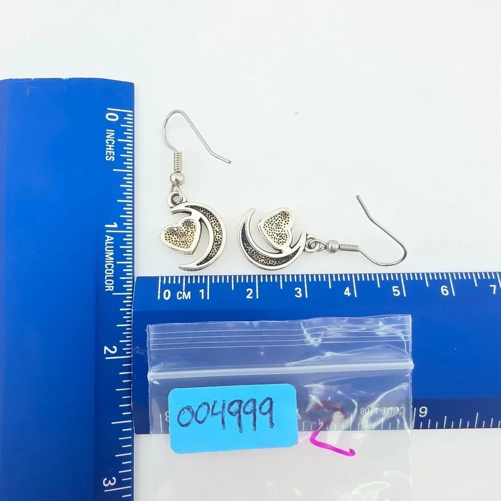 Vintage Crescent Moon Heart Earrings Engraved Puffy Heart Silver Plate